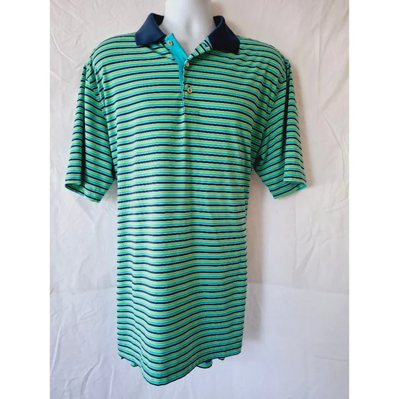 Men's peter Millar Polo Shirt, L, Green & Blue stripe golf summer comfort - Picture 1 of 5